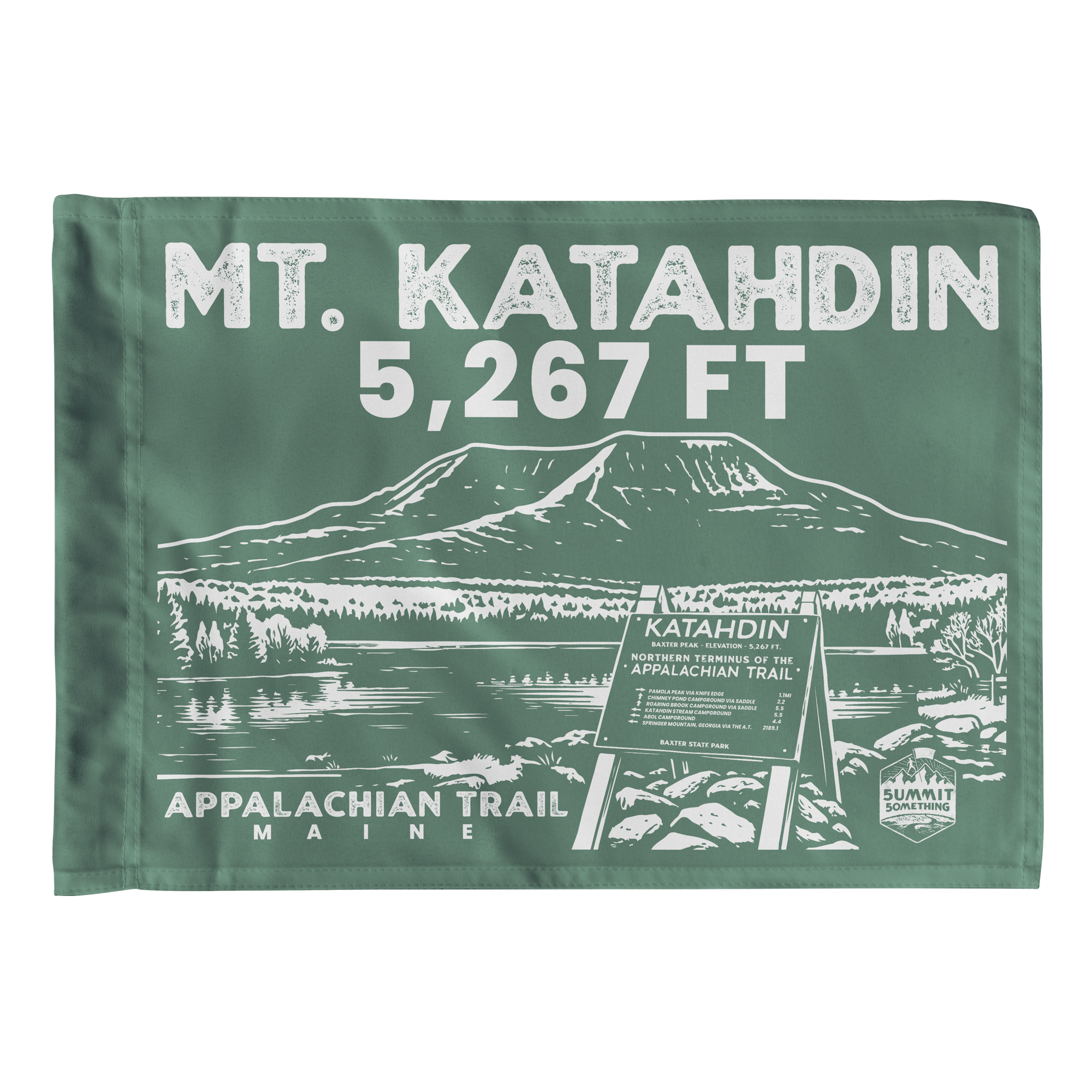 Mt. Katahdin summit flag in green with white text and Appalachian Trail northern terminus illustration