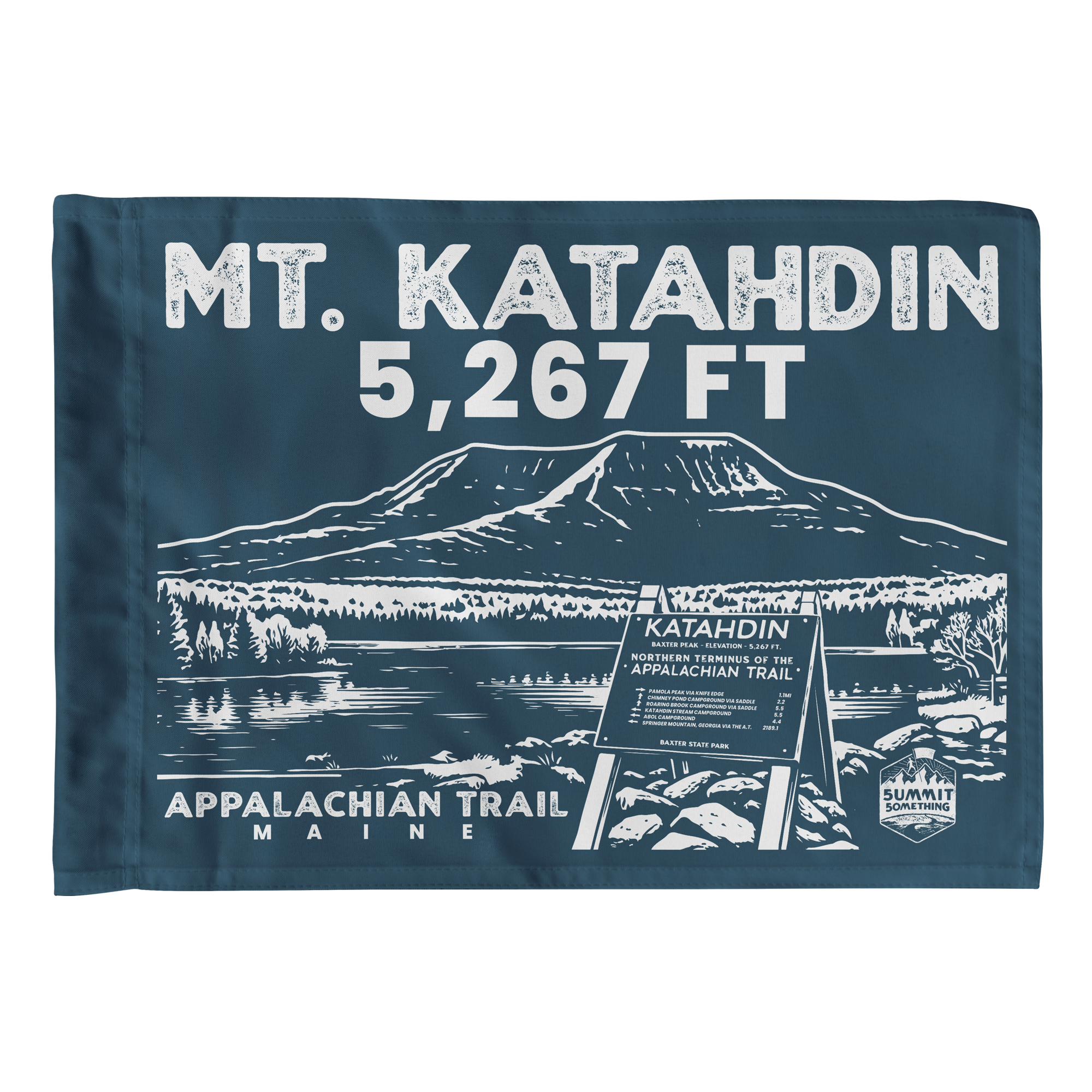 Mt. Katahdin summit flag in navy blue with white text and Appalachian Trail graphic in Maine