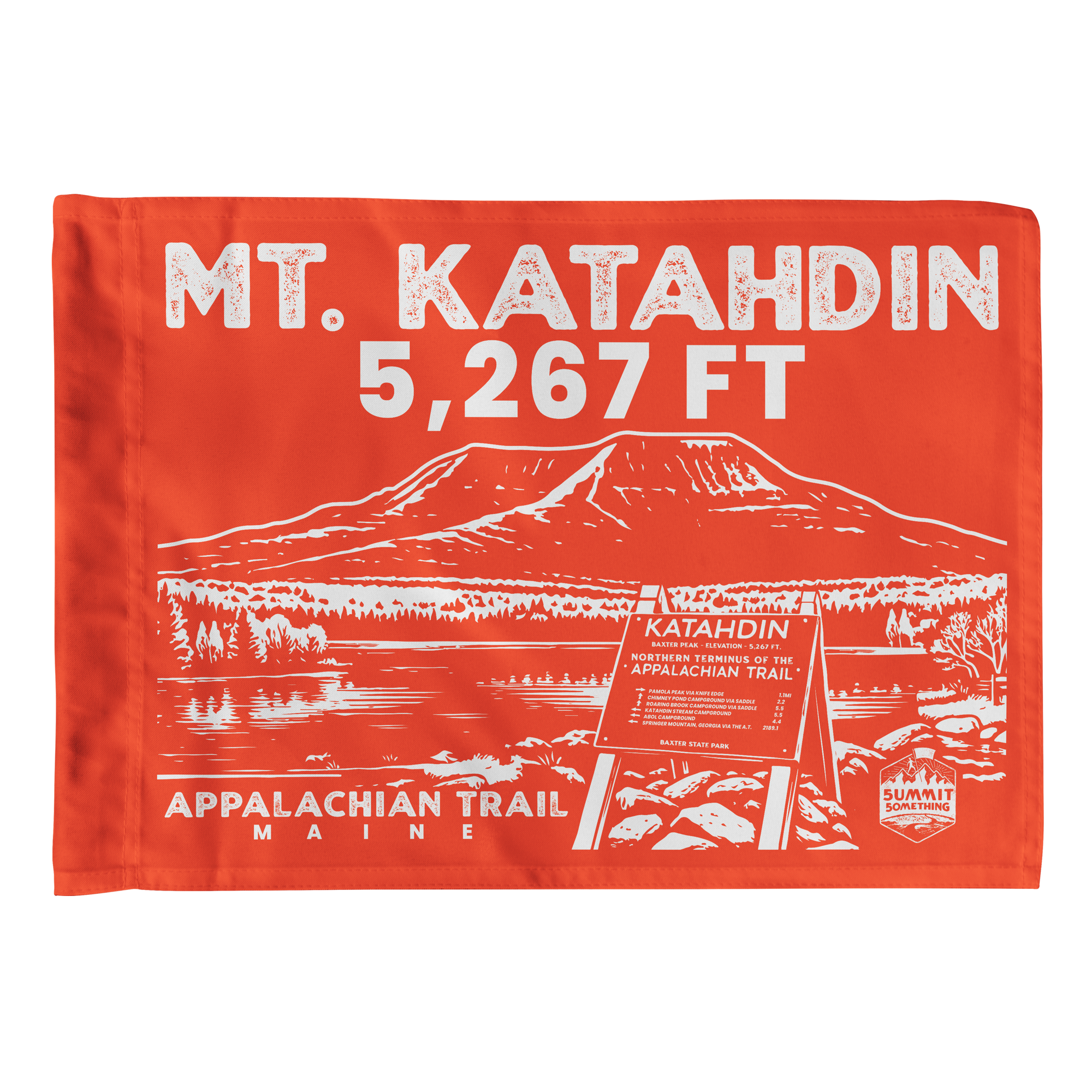 Mt. Katahdin summit flag in orange with white text and Appalachian Trail graphic in Maine