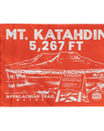 Mt. Katahdin summit flag in orange with white text and Appalachian Trail graphic in Maine