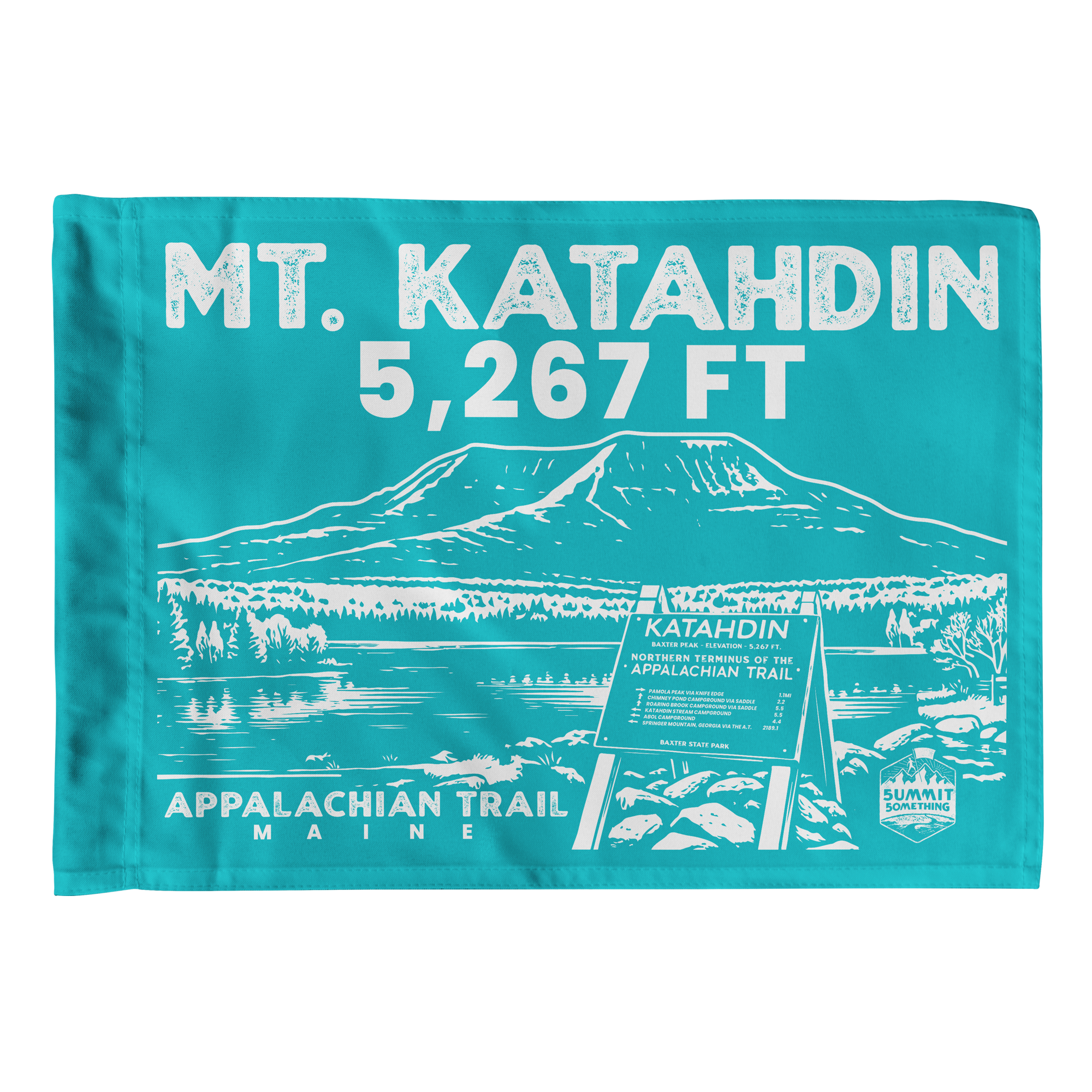 Mt. Katahdin summit flag in turquoise with white text and Appalachian Trail graphic in Maine