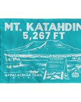 Mt. Katahdin summit flag in turquoise with white text and Appalachian Trail graphic in Maine