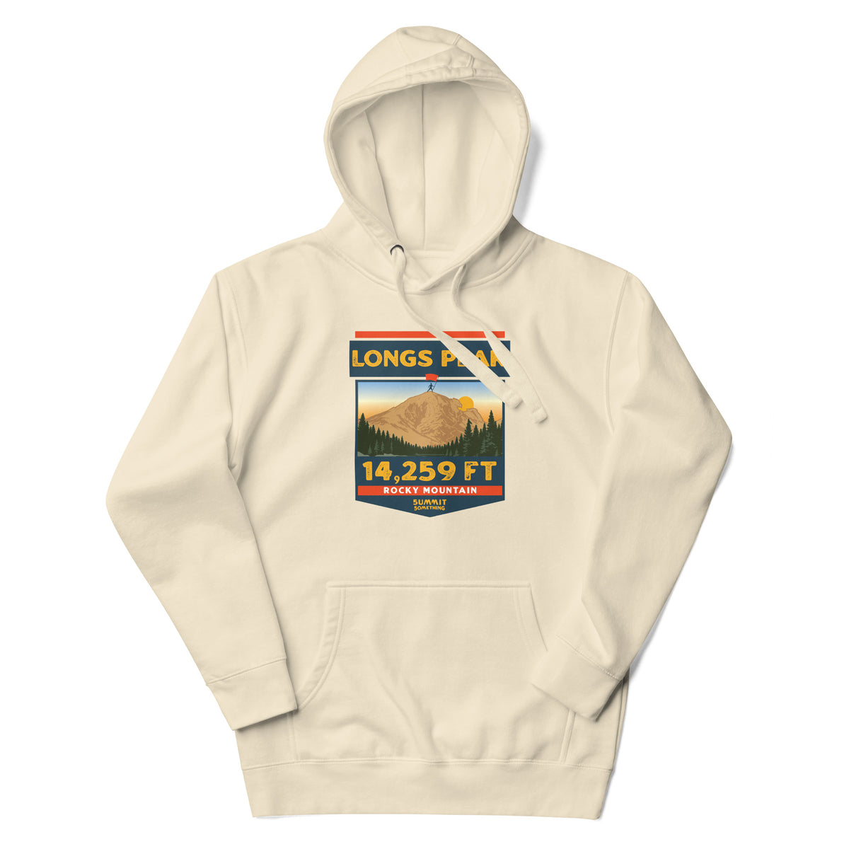 Bone color Longs Peak hoodie featuring the iconic Keyhole and 14,259 ft Colorado 14er artwork, Rocky Mountain National Park hiking and climbing apparel.