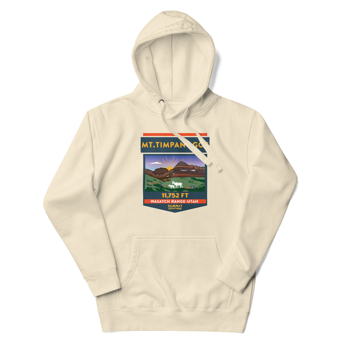 Bone color Mount Timpanogos hoodie featuring 11,752 ft Utah mountain artwork, Wasatch Range hiking apparel and gift for Timp hikers