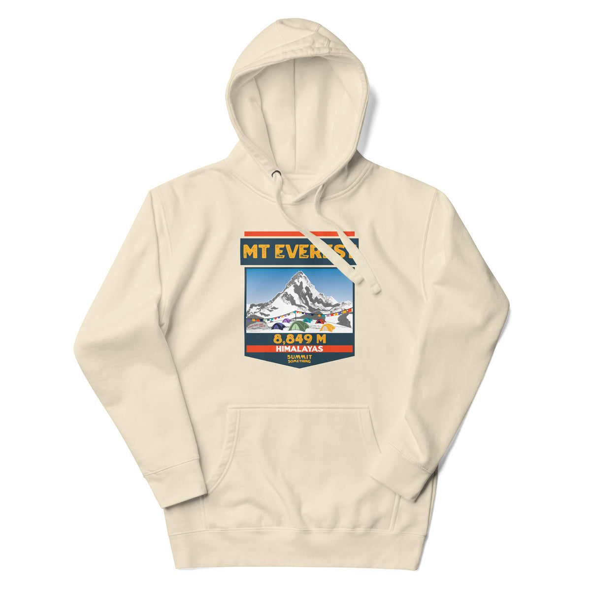 Bone color Mount Everest hoodie featuring 8,849 meter elevation and Himalayas mountain artwork, adventure apparel and gift for climbers, trekkers and mountain lovers.