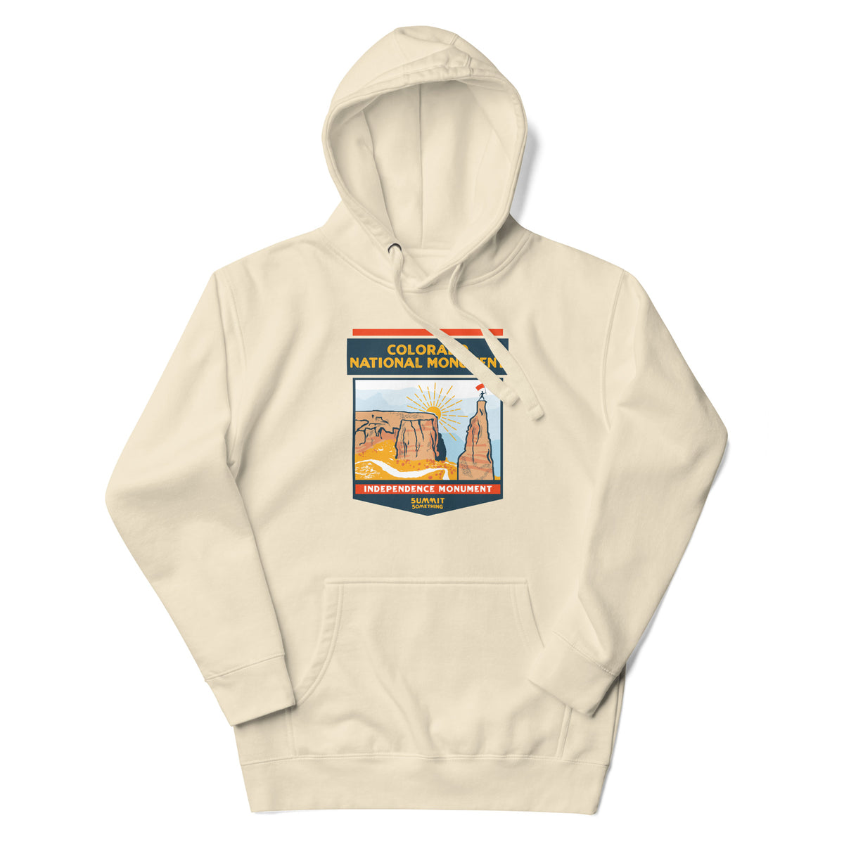 Bone color Colorado National Monument hoodie featuring Colorado hiking and red rock landscape artwork, outdoor apparel and gift for hikers and national park adventurers.