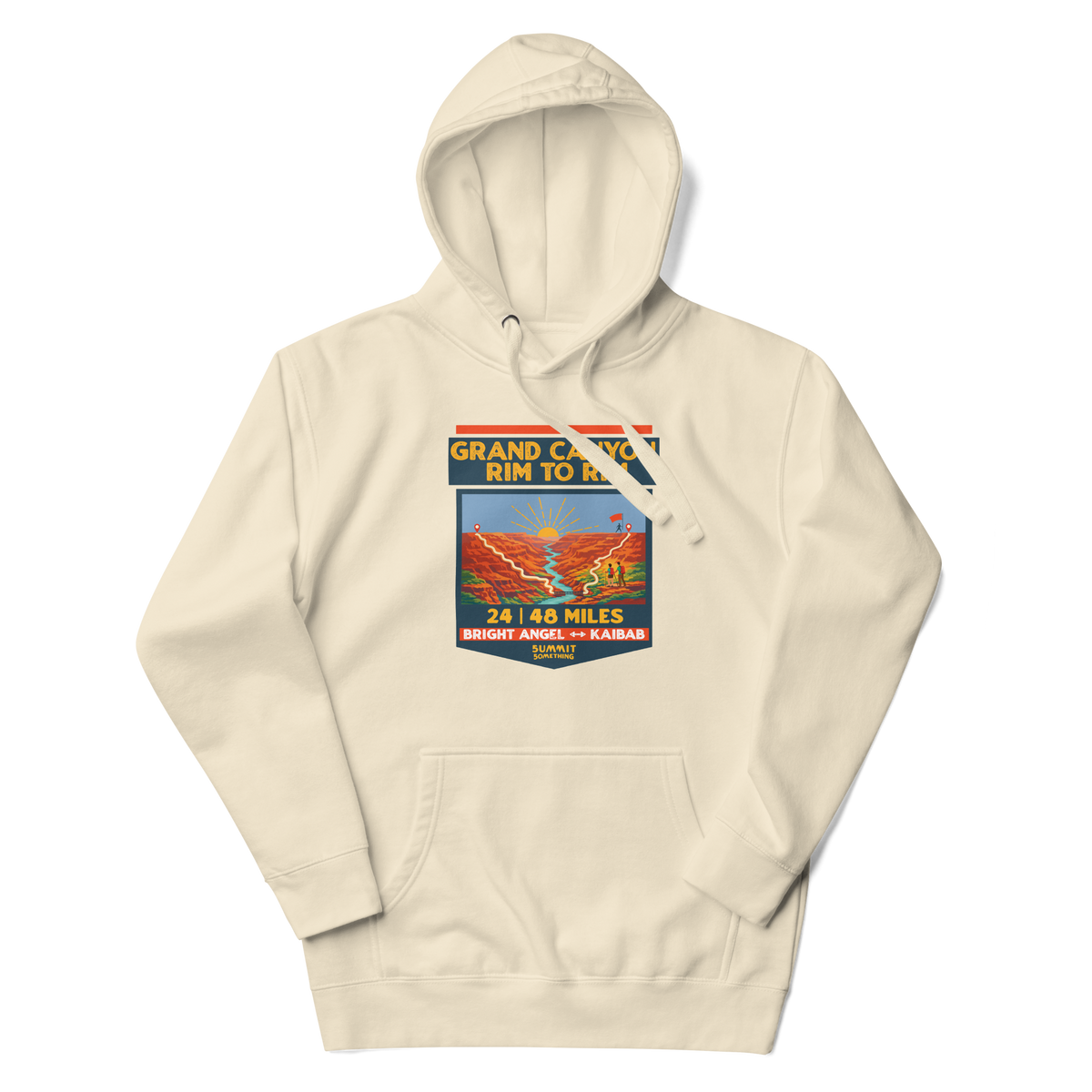 Grand Canyon Rim to Rim Hoodie featuring a colorful design that includes an image of the Grand Canyon, the setting sun and a hikder reaching the North Rim.