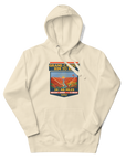 Grand Canyon Rim to Rim Hoodie featuring a colorful design that includes an image of the Grand Canyon, the setting sun and a hikder reaching the North Rim.