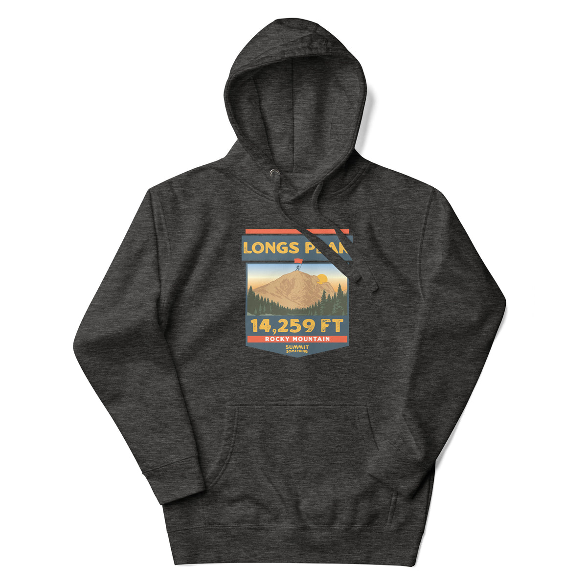 Charcoal Longs Peak hoodie featuring the iconic Keyhole and 14,259 ft Colorado 14er artwork, Rocky Mountain National Park hiking and climbing apparel.