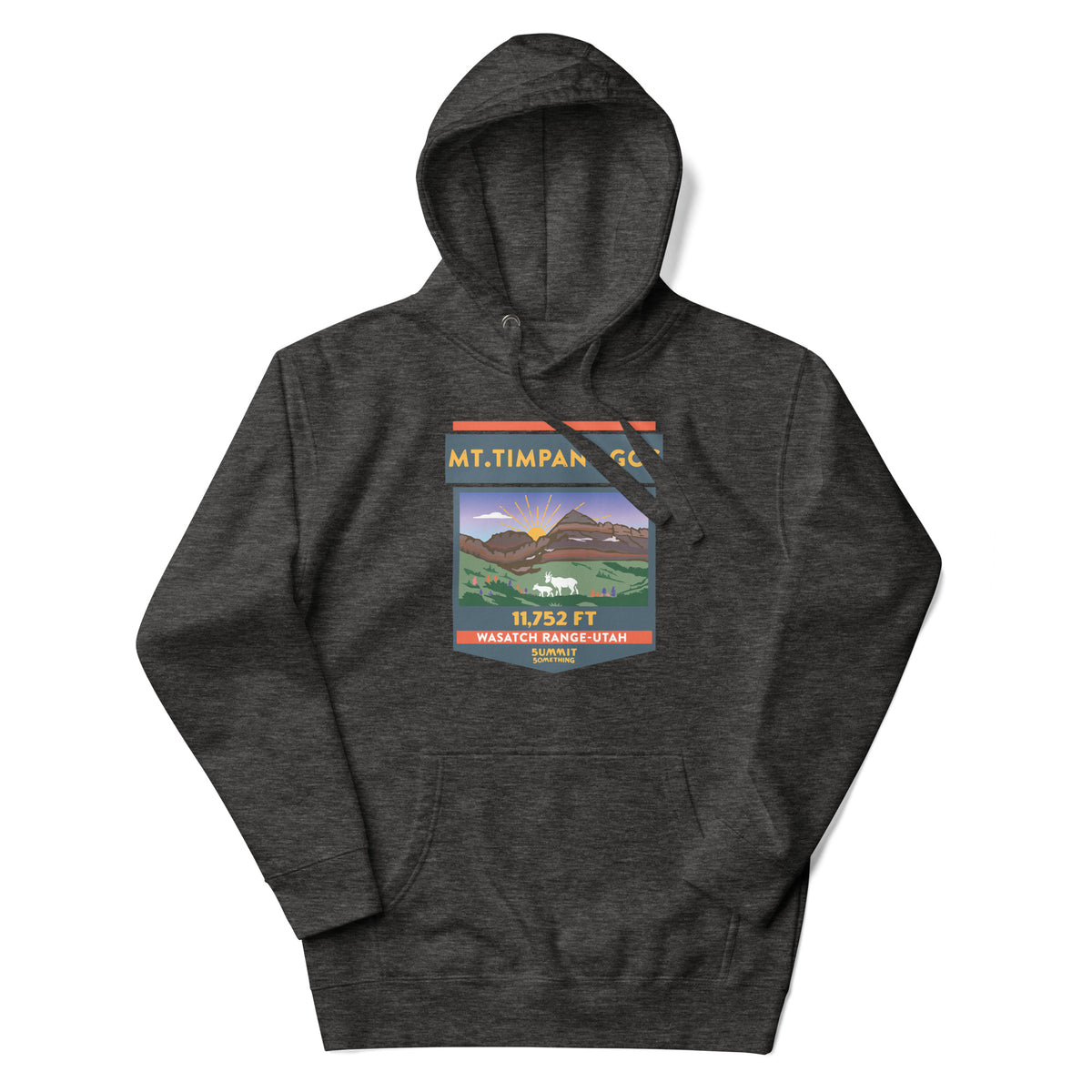 Charcoal Mount Timpanogos hoodie featuring 11,752 ft Utah mountain artwork, Wasatch Range hiking apparel and gift for Timp hikers