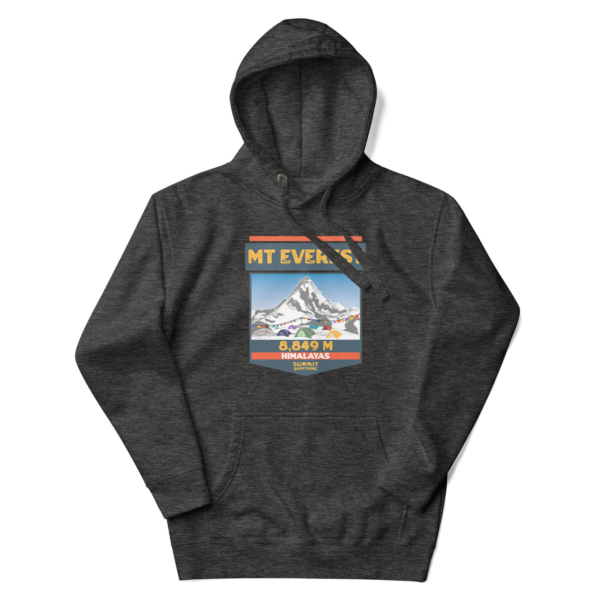 Charcoal Mount Everest hoodie featuring 8,849 meter elevation and Himalayas mountain artwork, adventure apparel and gift for climbers, trekkers and mountain lovers.