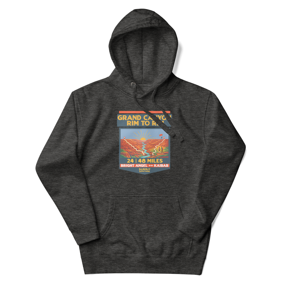Grand Canyon Rim to Rim Hoodie featuring a colorful design that includes an image of the Grand Canyon, the setting sun and a hikder reaching the North Rim.