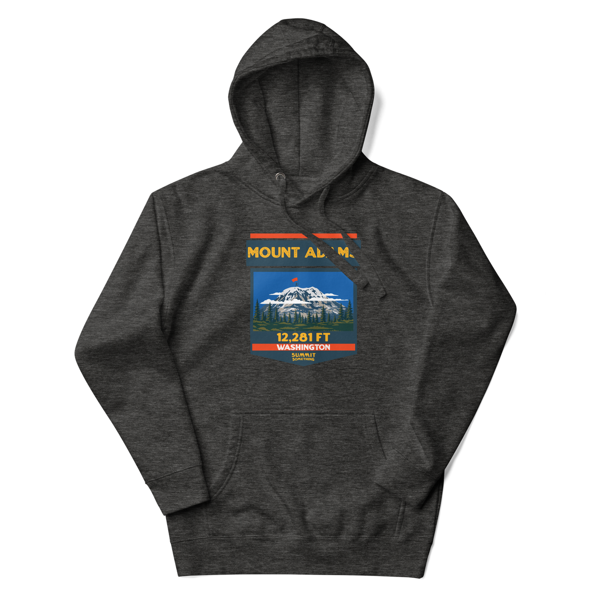 Charcoal heather Mount Adams hoodie featuring 12,281 ft elevation and Washington Cascade volcano mountain artwork, graphic sweatshirt for hikers and climbers.