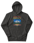 Charcoal heather Mount Adams hoodie featuring 12,281 ft elevation and Washington Cascade volcano mountain artwork, graphic sweatshirt for hikers and climbers.