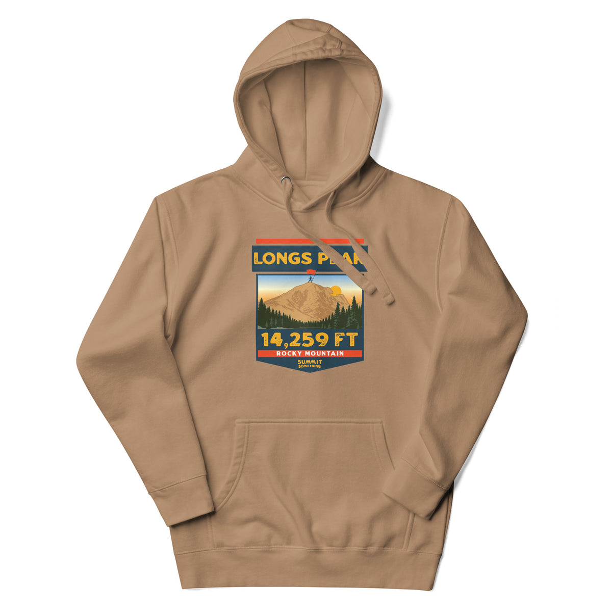 Latte color Longs Peak hoodie featuring the iconic Keyhole and 14,259 ft Colorado 14er artwork, Rocky Mountain National Park hiking and climbing apparel.