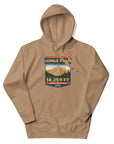 Latte color Longs Peak hoodie featuring the iconic Keyhole and 14,259 ft Colorado 14er artwork, Rocky Mountain National Park hiking and climbing apparel.