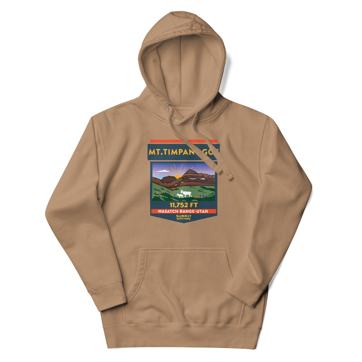 Latte Mount Timpanogos hoodie featuring 11,752 ft Utah mountain artwork, Wasatch Range hiking apparel and gift for Timp hikers