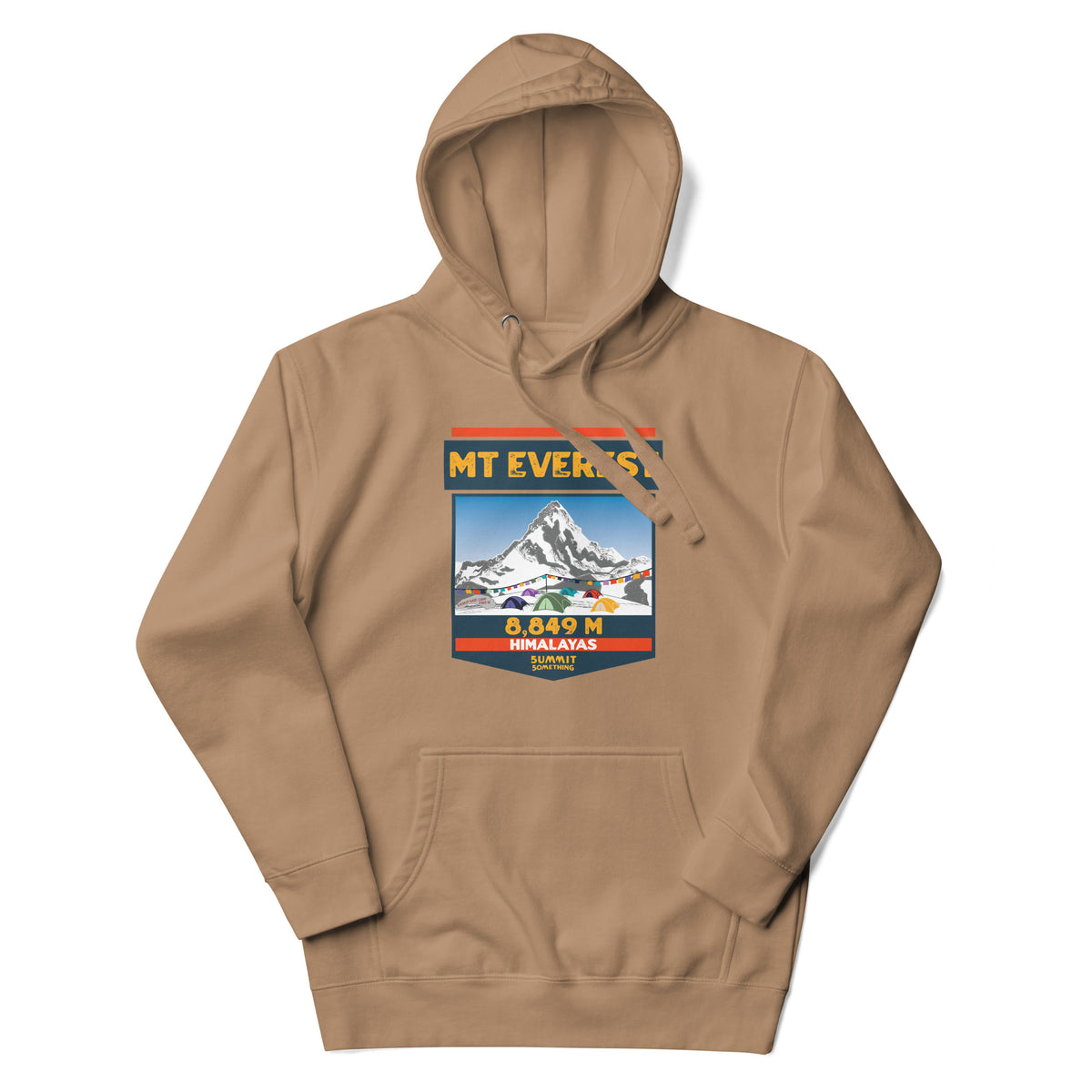 Latte color Mount Everest hoodie featuring 8,849 meter elevation and Himalayas mountain artwork, adventure apparel and gift for climbers, trekkers and mountain lovers