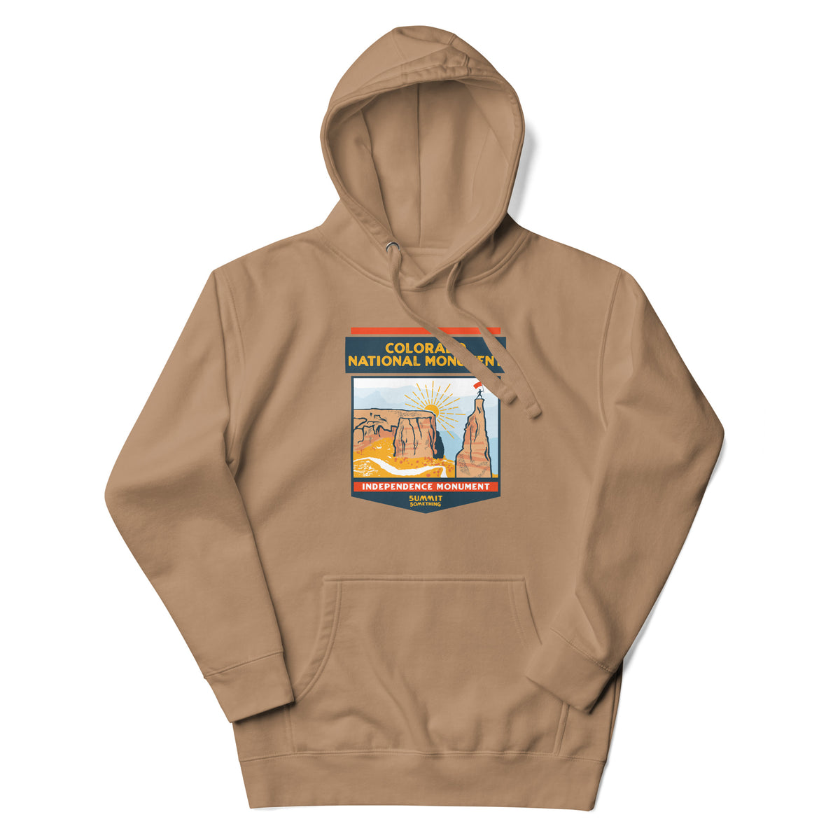 Latte color Colorado National Monument hoodie featuring Colorado hiking and red rock landscape artwork, outdoor apparel and gift for hikers and national park adventurers.