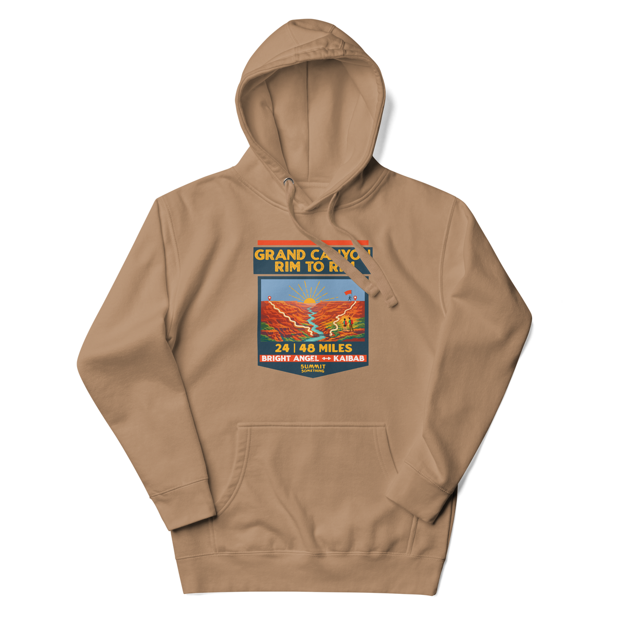 Grand Canyon Rim to Rim Hoodie featuring a colorful design that includes an image of the Grand Canyon, the setting sun and a hikder reaching the North Rim.