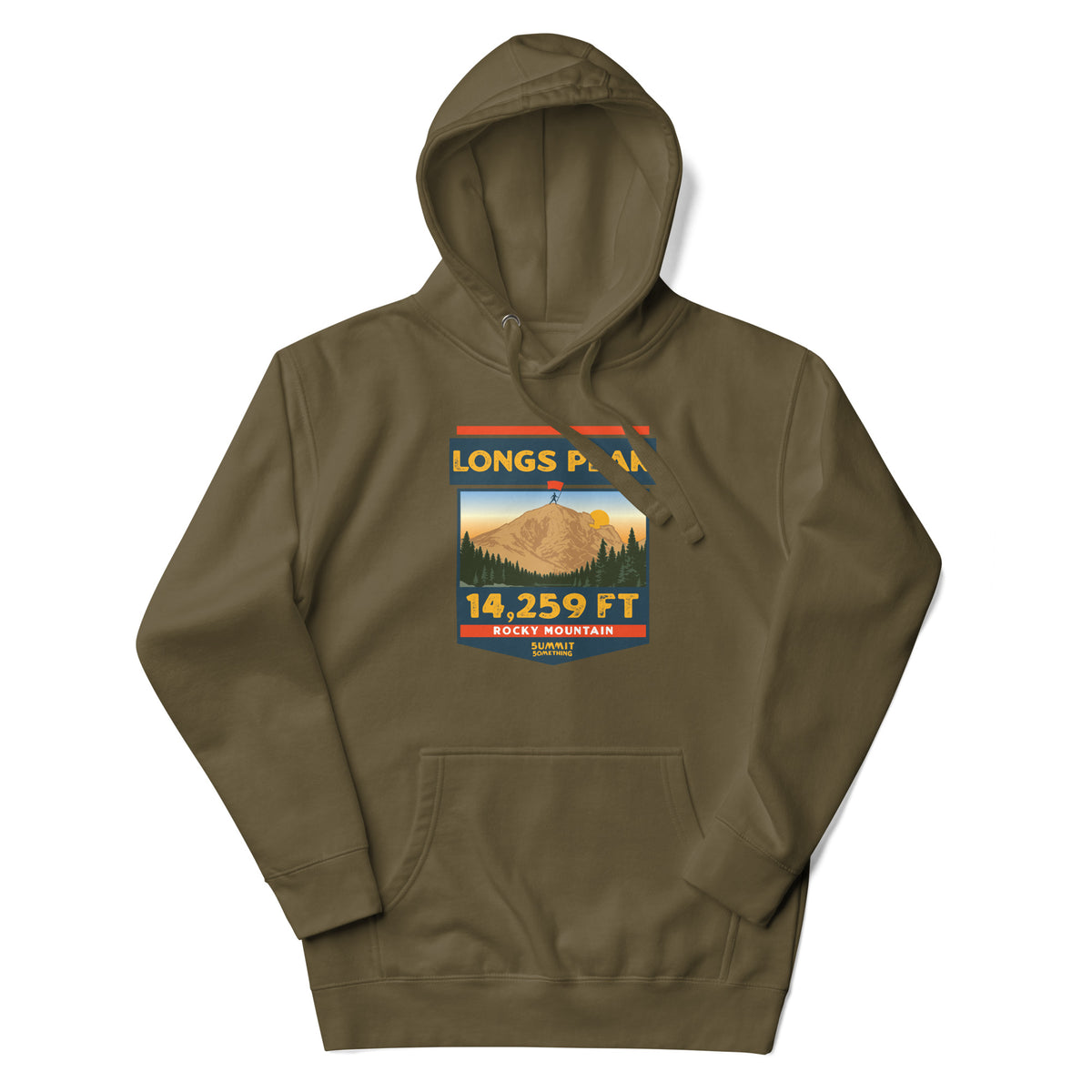 Longs Peak hoodie featuring the iconic Keyhole and 14,259 ft Colorado 14er artwork, Rocky Mountain National Park hiking and climbing apparel