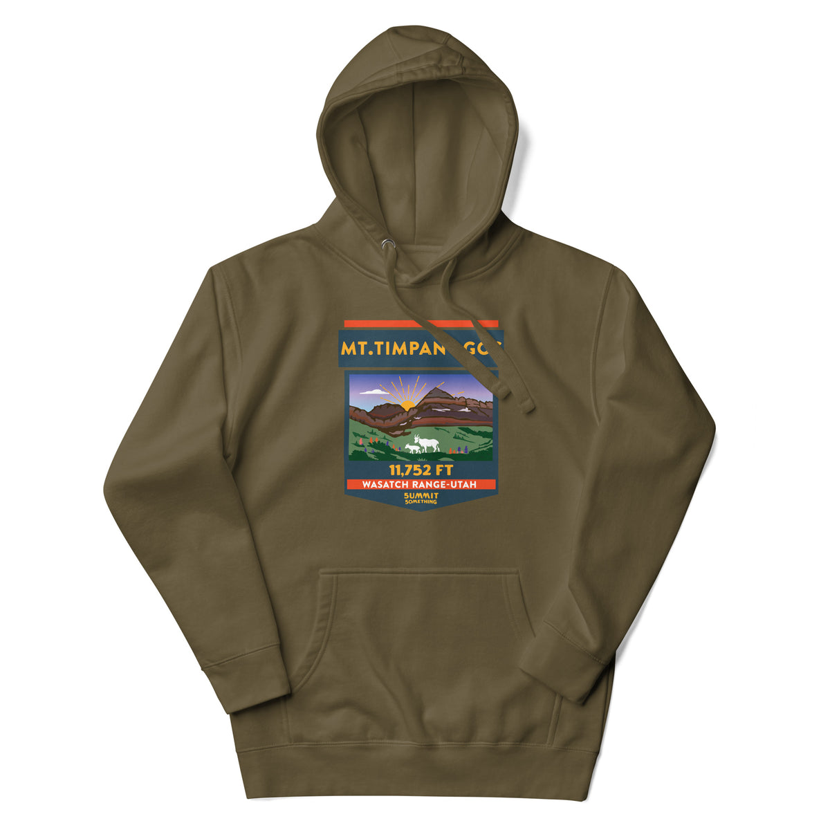 Military green Mount Timpanogos hoodie featuring 11,752 ft Utah mountain artwork, Wasatch Range hiking apparel and gift for Timp hikers