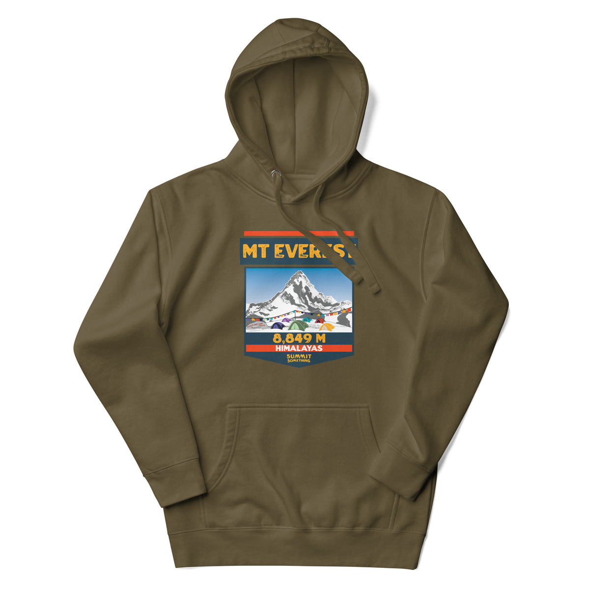 Military green Mount Everest hoodie featuring 8,849 meter elevation and Himalayas mountain artwork, adventure apparel and gift for climbers, trekkers and mountain lovers.