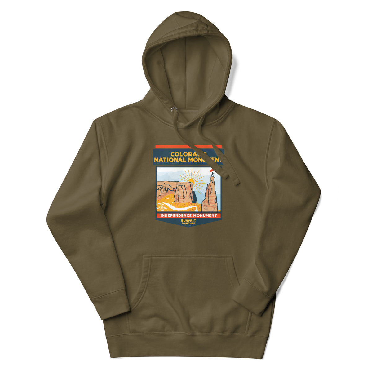 Military green Colorado National Monument hoodie featuring Colorado hiking and red rock landscape artwork, outdoor apparel and gift for hikers and national park adventurers.