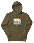 Military green Colorado National Monument hoodie featuring Colorado hiking and red rock landscape artwork, outdoor apparel and gift for hikers and national park adventurers.