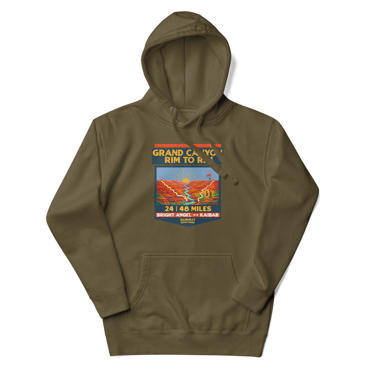 Grand Canyon Rim to Rim Hoodie featuring a colorful design that includes an image of the Grand Canyon, the setting sun and a hikder reaching the North Rim.