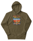 Grand Canyon Rim to Rim Hoodie featuring a colorful design that includes an image of the Grand Canyon, the setting sun and a hikder reaching the North Rim.