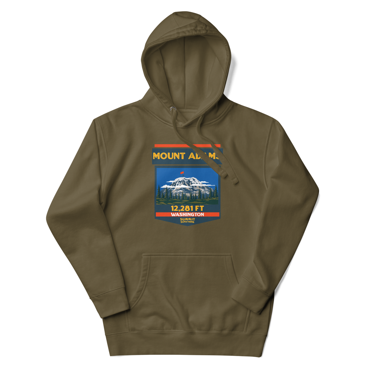 Military green Mount Adams hoodie featuring 12,281 ft elevation and Washington Cascade volcano mountain artwork, graphic sweatshirt for hikers and climbers.