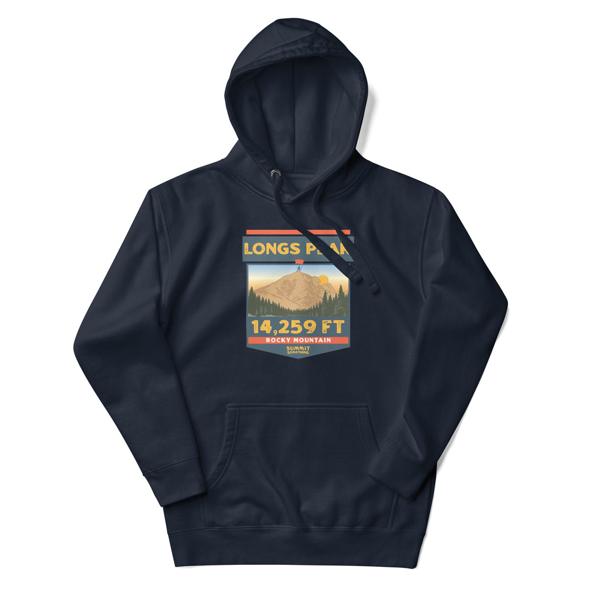 Navy Longs Peak hoodie featuring the iconic Keyhole and 14,259 ft Colorado 14er artwork, Rocky Mountain National Park hiking and climbing apparel.