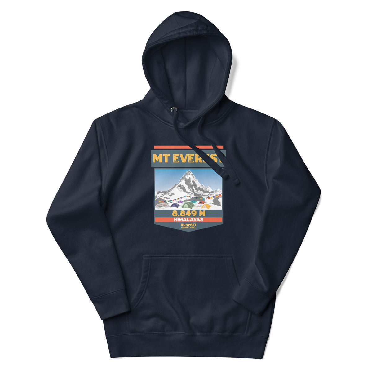 Navy Mount Everest hoodie featuring 8,849 meter elevation and Himalayas mountain artwork, adventure apparel and gift for climbers, trekkers and mountain lovers.