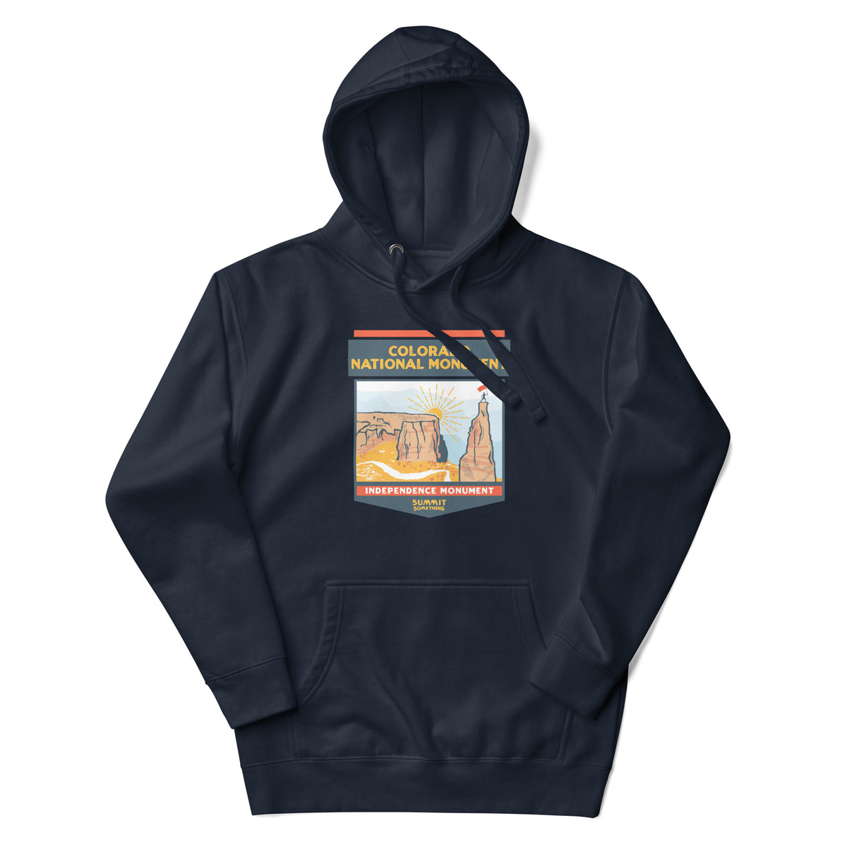 Navy Colorado National Monument hoodie featuring Colorado hiking and red rock landscape artwork, outdoor apparel and gift for hikers and national park adventurers.