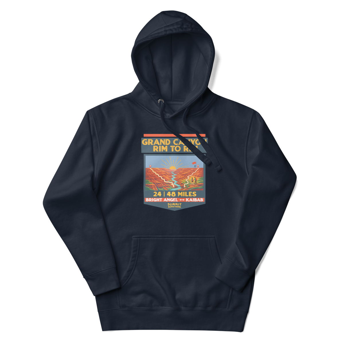 Grand Canyon Rim to Rim Hoodie featuring a colorful design that includes an image of the Grand Canyon, the setting sun and a hikder reaching the North Rim.