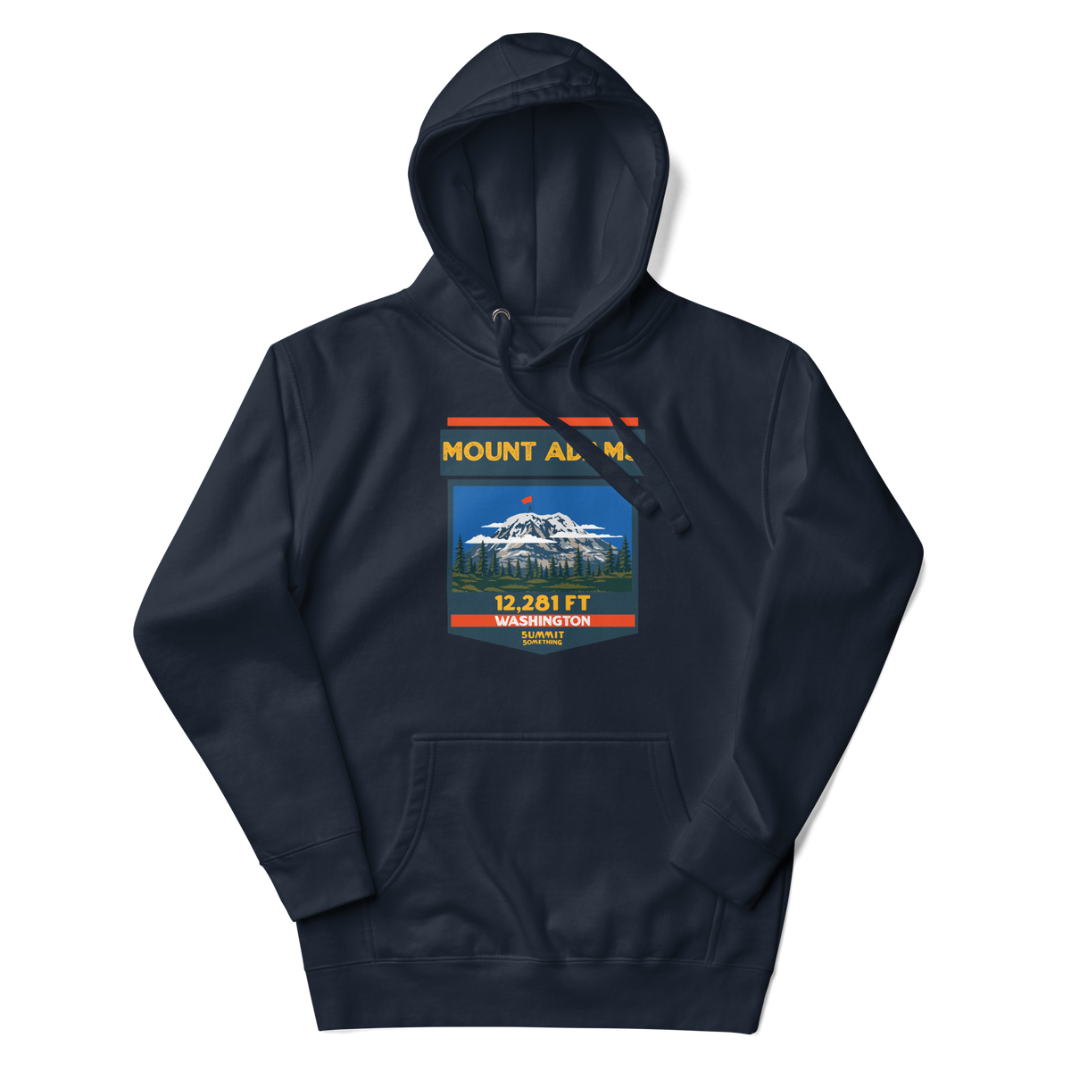Navy Mount Adams hoodie featuring 12,281 ft elevation and Washington Cascade volcano mountain artwork, graphic sweatshirt for hikers and climbers.