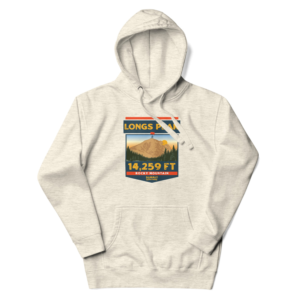 Oatmeal Longs Peak hoodie featuring the iconic Keyhole and 14,259 ft Colorado 14er artwork, Rocky Mountain National Park hiking and climbing apparel.