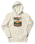 Oatmeal Longs Peak hoodie featuring the iconic Keyhole and 14,259 ft Colorado 14er artwork, Rocky Mountain National Park hiking and climbing apparel.