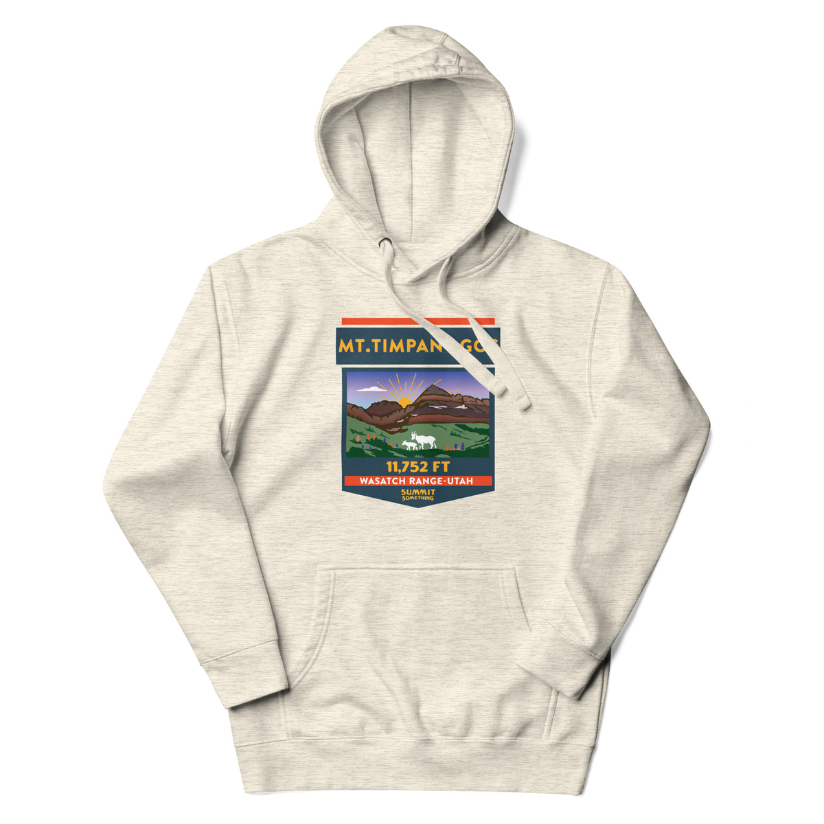 Oatmeal color Mount Timpanogos hoodie featuring 11,752 ft Utah mountain artwork, Wasatch Range hiking apparel and gift for Timp hikers