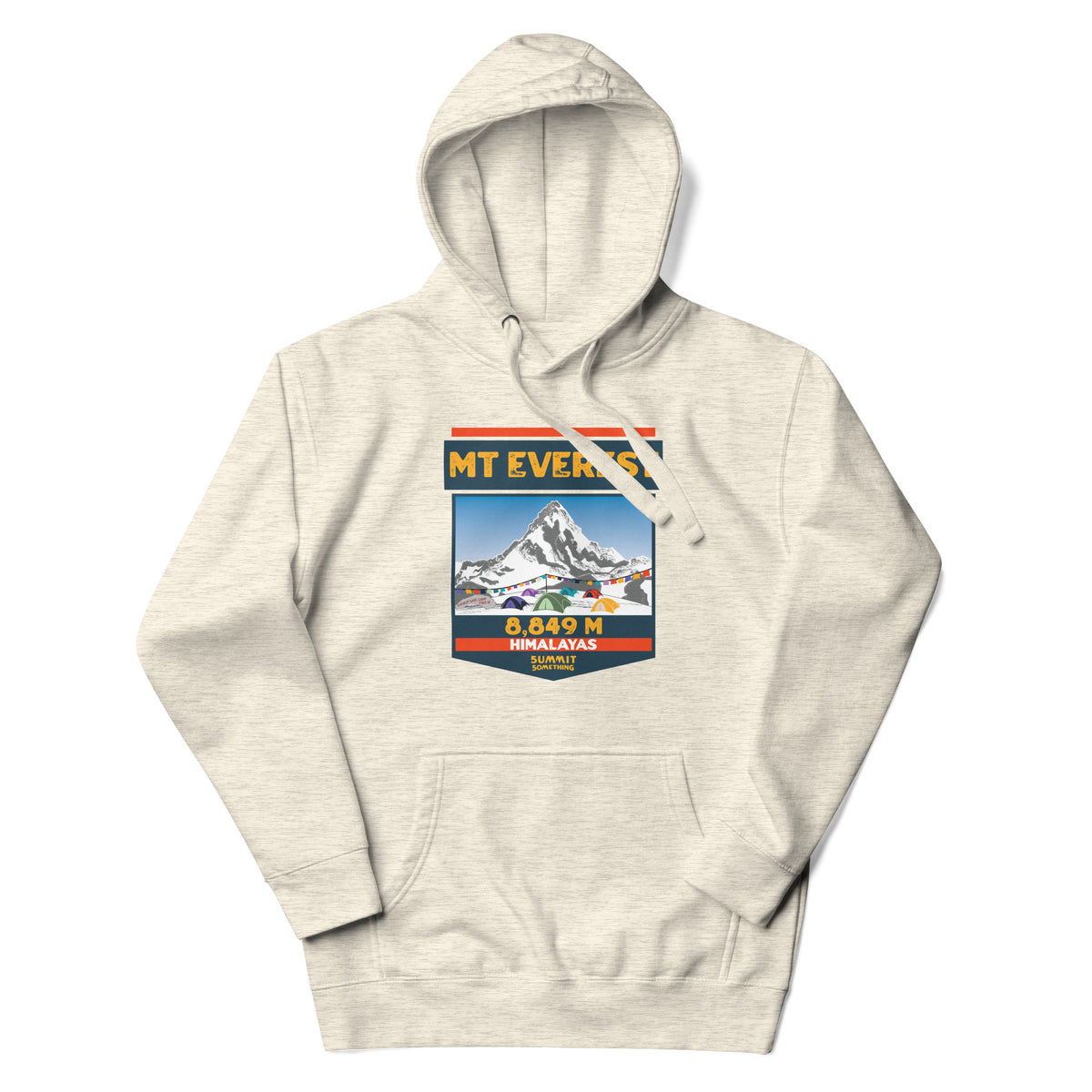 Oatmeal color Mount Everest hoodie featuring 8,849 meter elevation and Himalayas mountain artwork, adventure apparel and gift for climbers, trekkers and mountain lovers.