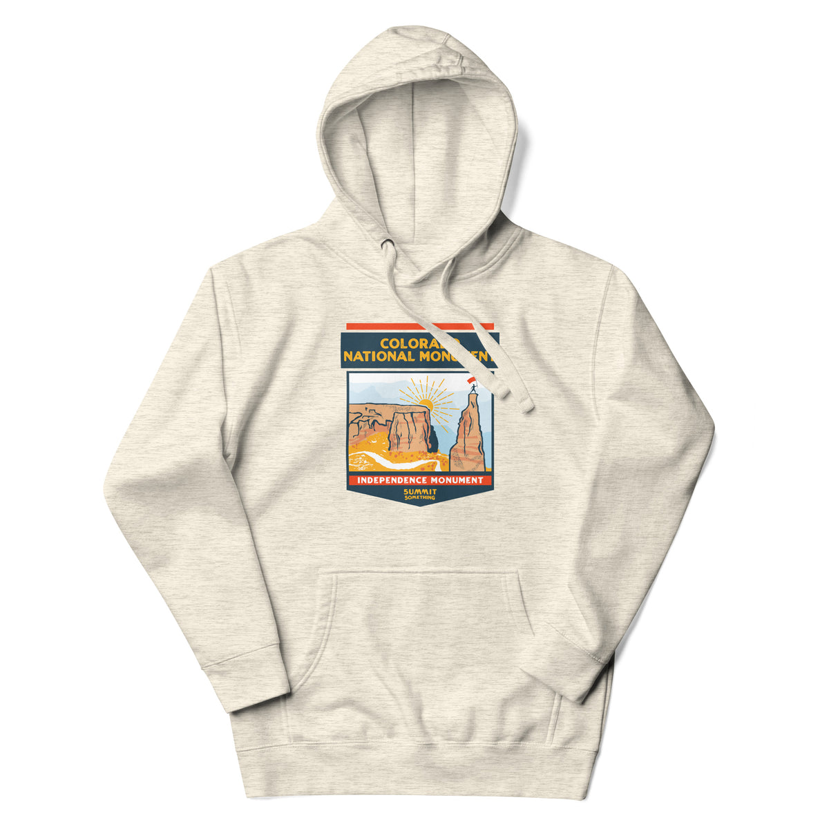 Oatmeal color Colorado National Monument hoodie featuring Colorado hiking and red rock landscape artwork, outdoor apparel and gift for hikers and national park adventurers.