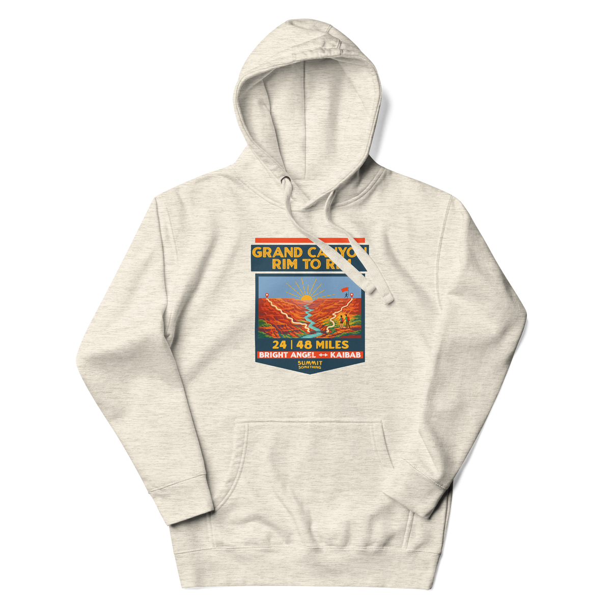Grand Canyon Rim to Rim Hoodie featuring a colorful design that includes an image of the Grand Canyon, the setting sun and a hikder reaching the North Rim.