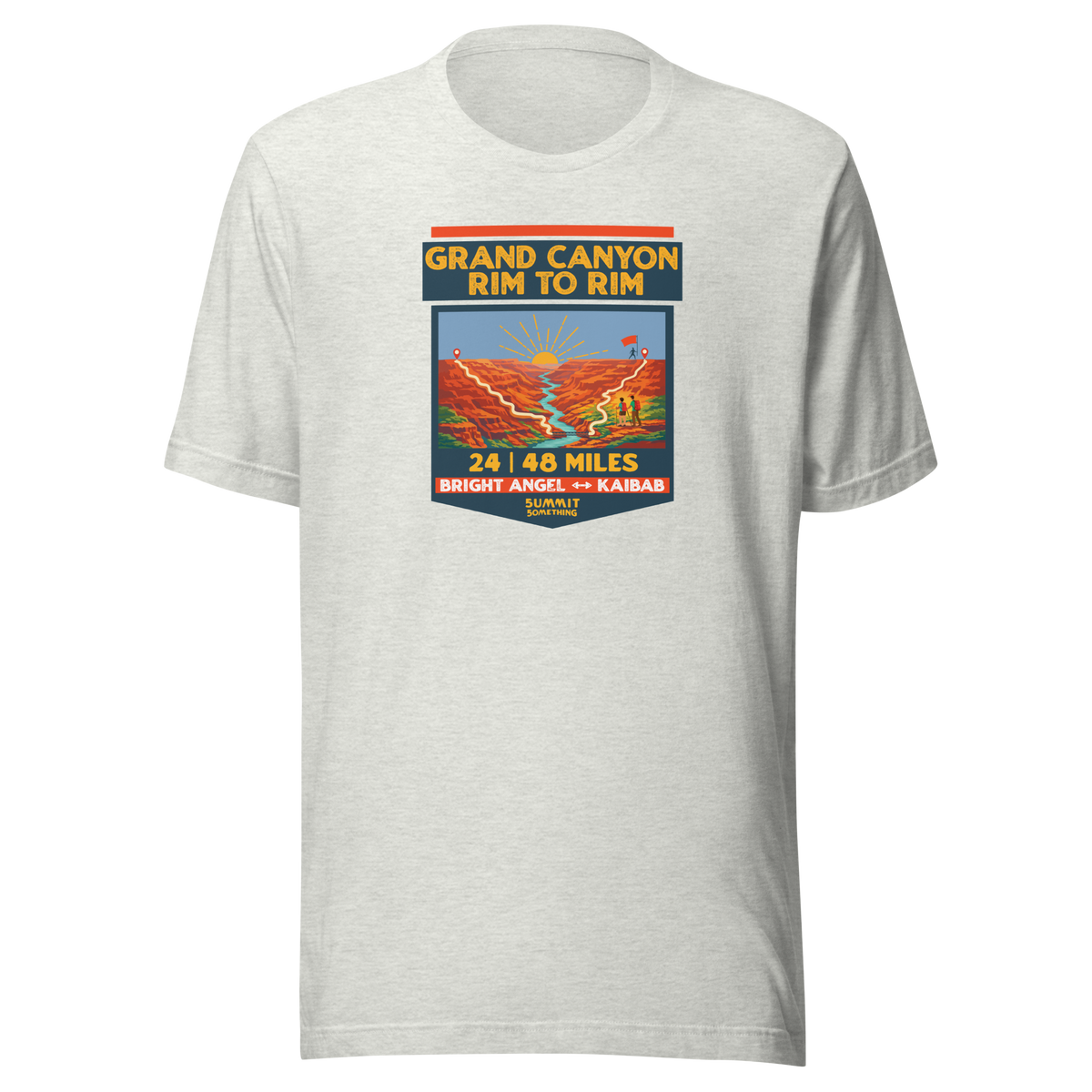 Ash Grand Canyon Rim to Rim hiking shirt featuring Bright Angel and North Kaibab Trail inspired artwork, achievement t-shirt for Grand Canyon hikers