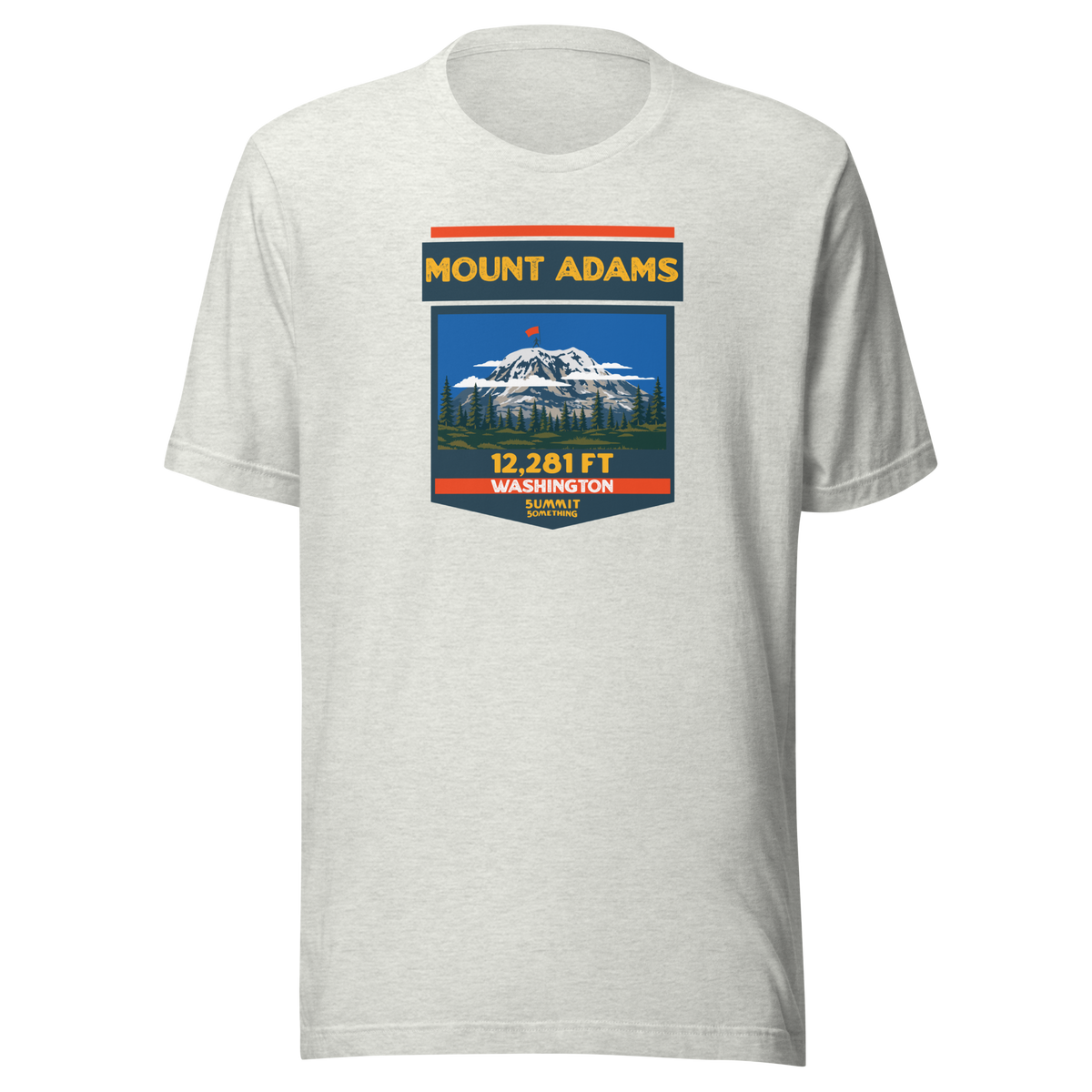 Ash Mount Adams T-shirt featuring Washington's 12,281 ft Cascade volcano mountain artwork, graphic hiking shirt for climbers and outdoor adventurers.