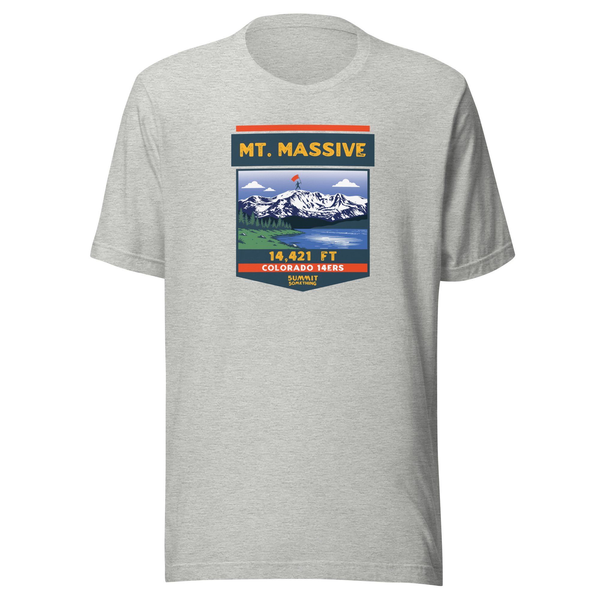 Mt. Massive t-shirt with image showing the icnonic image of the mountain and the elevation.