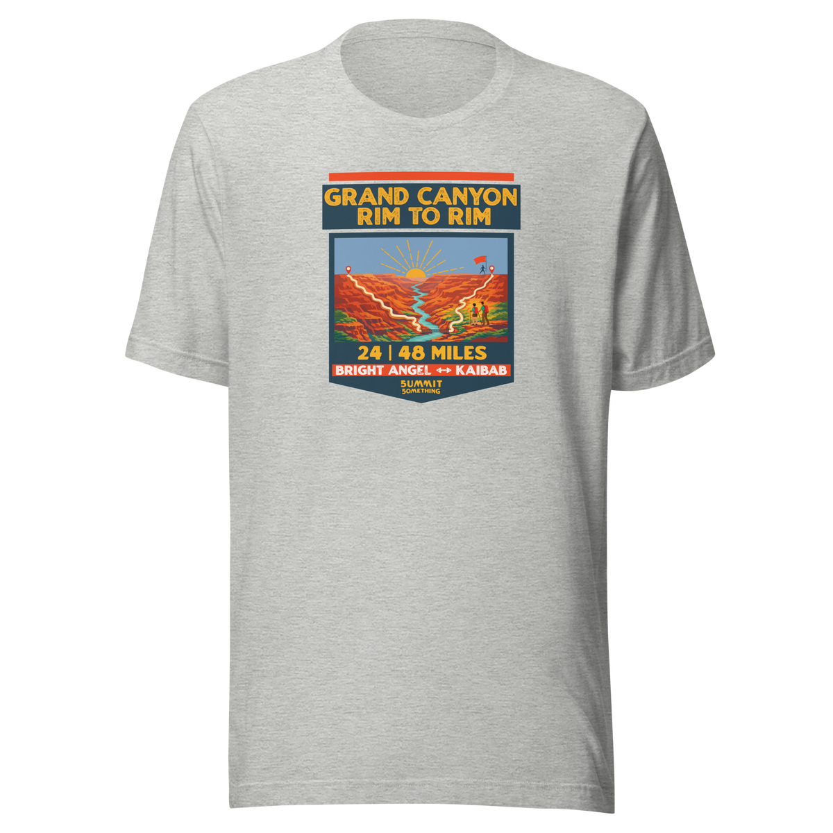 Heather Grand Canyon Rim to Rim hiking shirt featuring Bright Angel and North Kaibab Trail inspired artwork, achievement t-shirt for Grand Canyon hikers