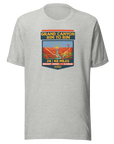 Heather Grand Canyon Rim to Rim hiking shirt featuring Bright Angel and North Kaibab Trail inspired artwork, achievement t-shirt for Grand Canyon hikers