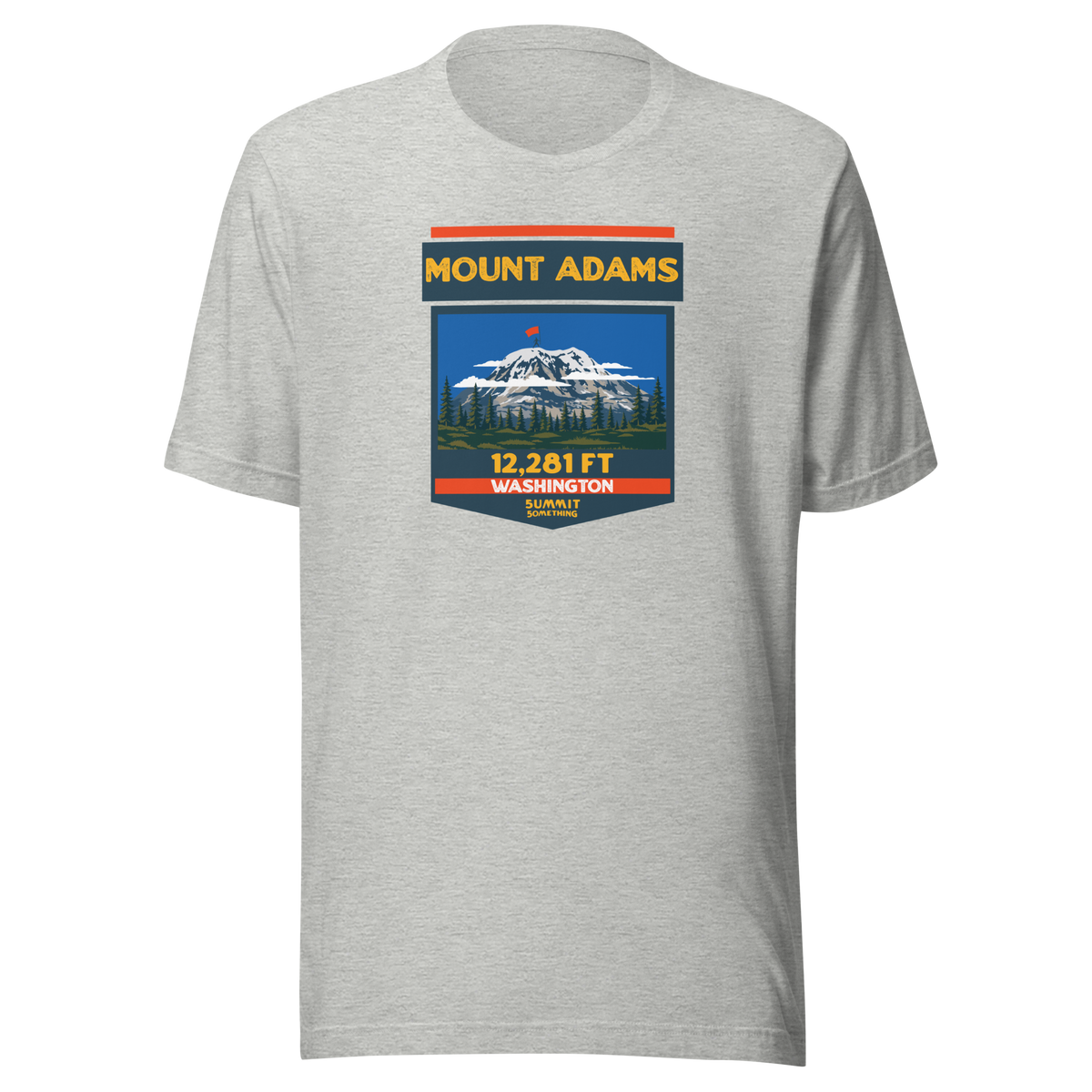 Athletic heather Mount Adams T-shirt featuring Washington's 12,281 ft Cascade volcano mountain artwork, graphic hiking shirt for climbers and outdoor adventurers.
