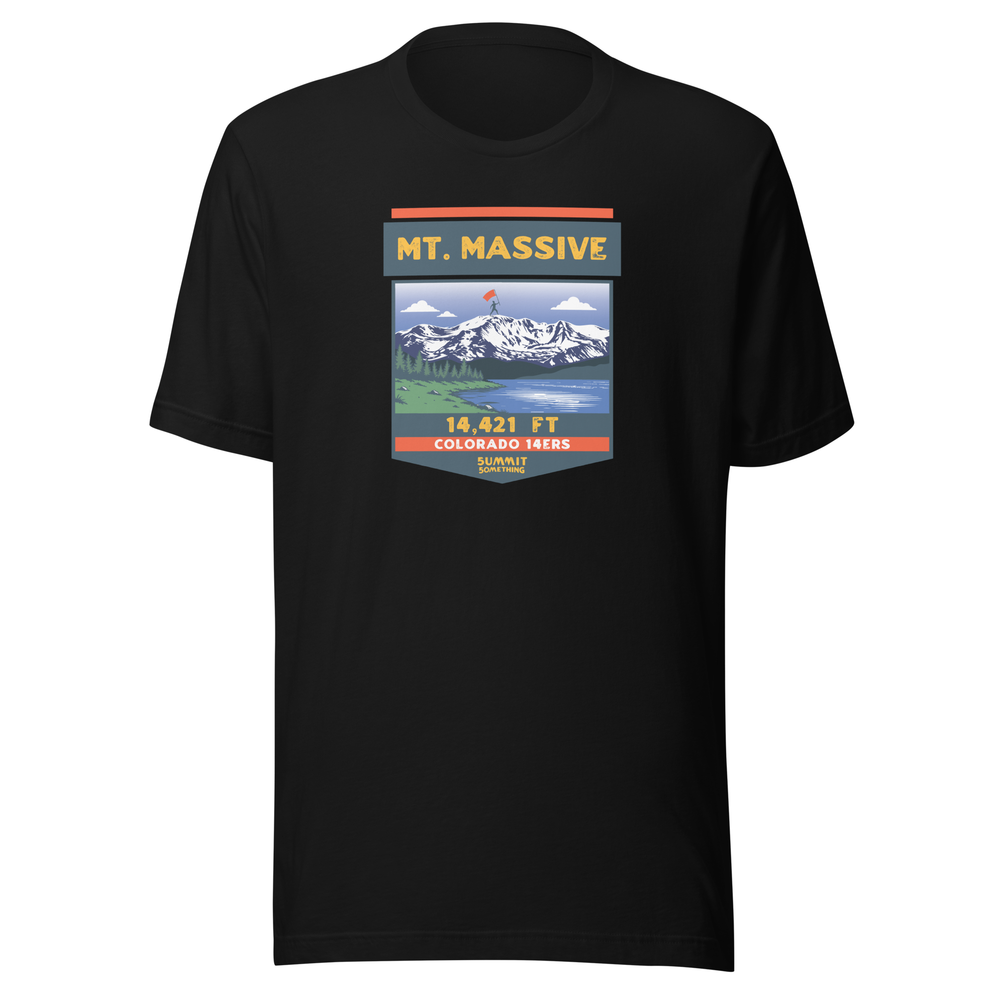 Mt. Massive t-shirt with image showing the icnonic image of the mountain and the elevation.